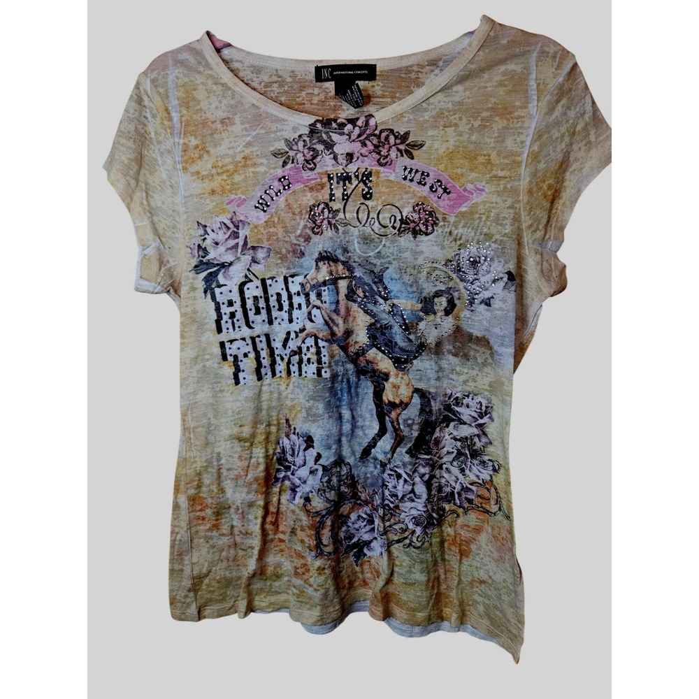 INC T Shirt Women L Tan Wild West Rodeo Time Rhinestone Graphic Burnout Tee #627